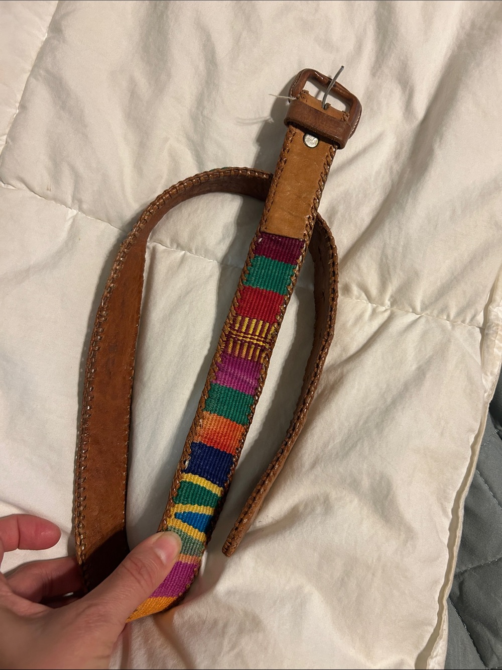 Vintage Mexico brown Leather Belt with Multicolor Woven Accent